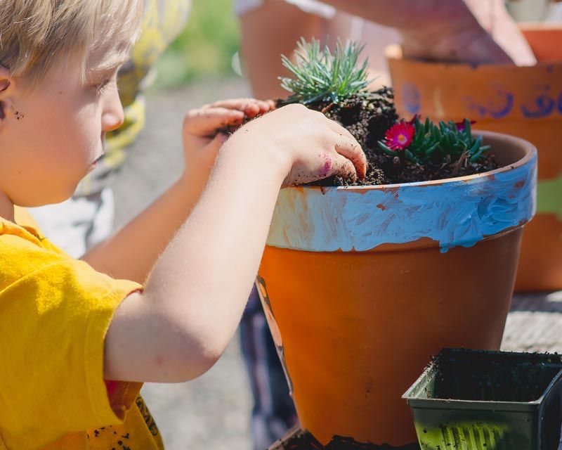Oliver potting plant during Mother's Day Class at Shooting Star Nursery
